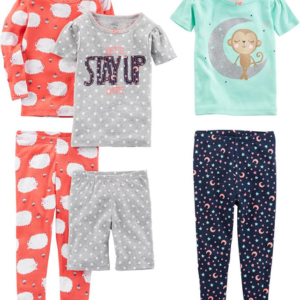 Girls Cotton Pajama Set 6-Piece - Snug Fit PJ Pack for Babies Toddlers