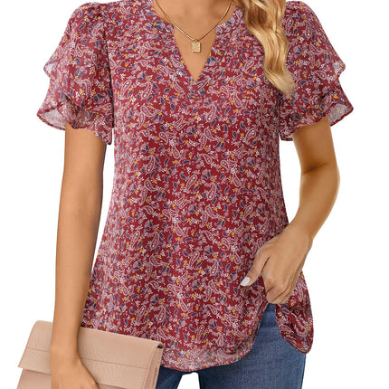 Polyester Blouses - Women's Chiffon Blouse V-Neck Puff Sleeve Summer Top for Work and Casual Wear