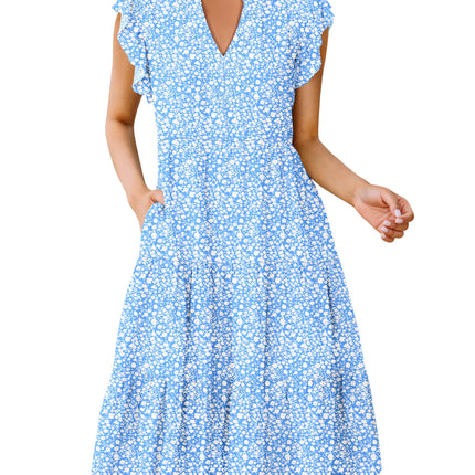 Blue Casual Dresses - Women's Summer Midi Dress - Ruffle Sleeve V-Neck Boho Beach Dress