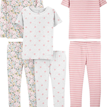 Girls Cotton Pajama Set 6-Piece - Snug Fit PJ Pack for Babies Toddlers