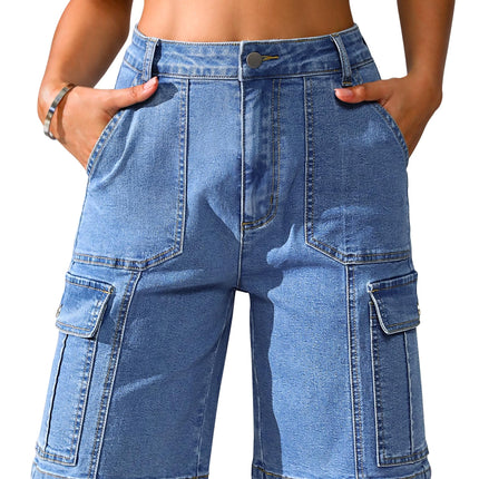 Women High Waisted Bermuda Cargo Shorts - 6 Pockets Stretchy Knee Length Summer Shorts