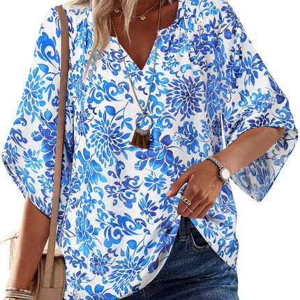 Big & Tall Clothing - Women's 3/4 Sleeve V-Neck Bohemian Peasant Blouse Loose Fit Tunic Top
