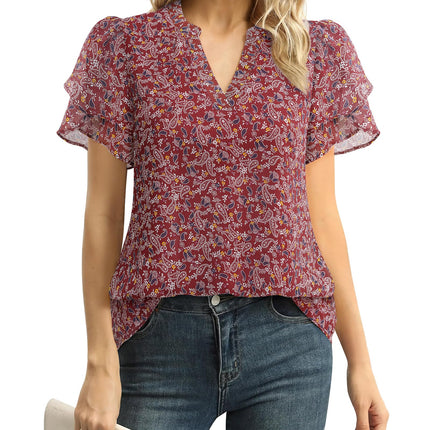 Polyester Blouses - Women's Chiffon Blouse V-Neck Puff Sleeve Summer Top for Work and Casual Wear