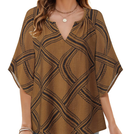 Big & Tall Clothing - Women's 3/4 Sleeve V-Neck Bohemian Peasant Blouse Loose Fit Tunic Top