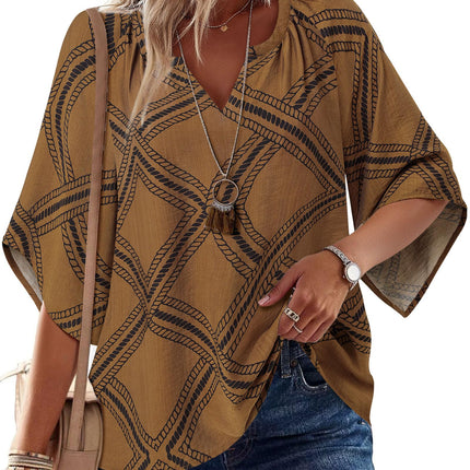 Big & Tall Clothing - Women's 3/4 Sleeve V-Neck Bohemian Peasant Blouse Loose Fit Tunic Top