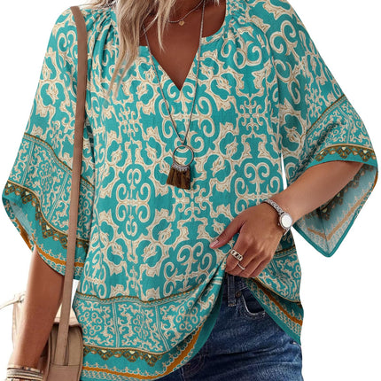 Big & Tall Clothing - Women's 3/4 Sleeve V-Neck Bohemian Peasant Blouse Loose Fit Tunic Top