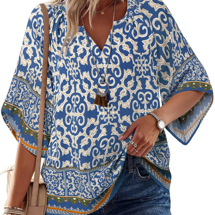 Big & Tall Clothing - Women's 3/4 Sleeve V-Neck Bohemian Peasant Blouse Loose Fit Tunic Top