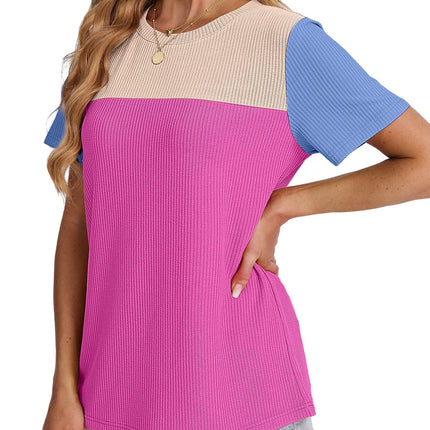 Women's Color Block Knit Shirt Short Sleeve Crewneck Top
