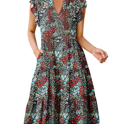 Blue Casual Dresses - Women's Summer Midi Dress - Ruffle Sleeve V-Neck Boho Beach Dress