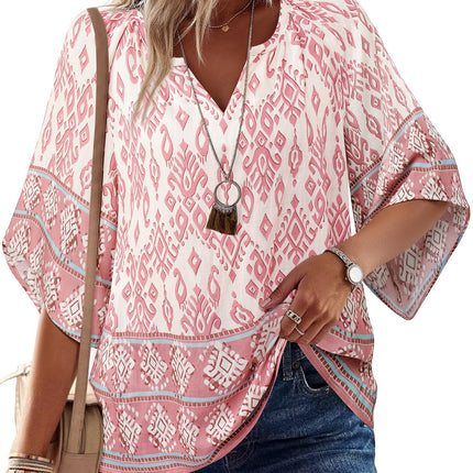 Big & Tall Clothing - Women's 3/4 Sleeve V-Neck Bohemian Peasant Blouse Loose Fit Tunic Top