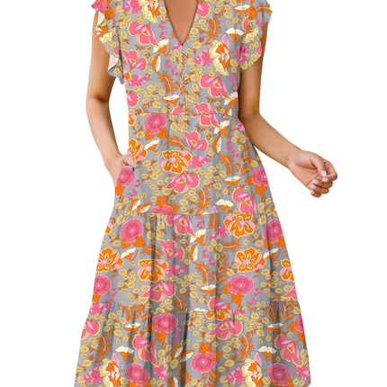 Blue Casual Dresses - Women's Summer Midi Dress - Ruffle Sleeve V-Neck Boho Beach Dress