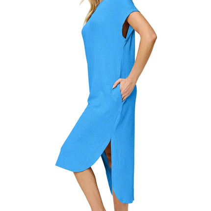 Garden Naked Women's Casual Dress Loose-Fit Round Neck Short Sleeve Slit Solid Color Midi Dress Blue Textured