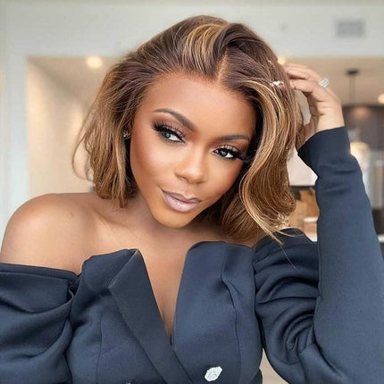 200 Density Blonde Highlight Short Bob Wig | 13x4 Lace Frontal Pixie Cut | Brazilian Remy Hair