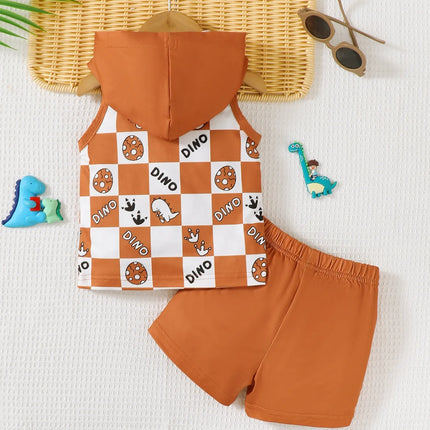 Children's Dinosaur Checkered Sleeveless Hooded Top and Shorts Set