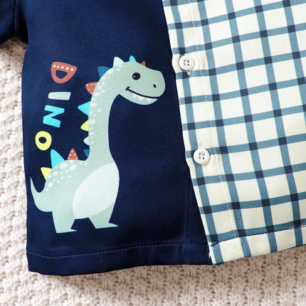 Children's Hat Dinosaur Plaid Button Up Top and Shorts 3-Piece Set