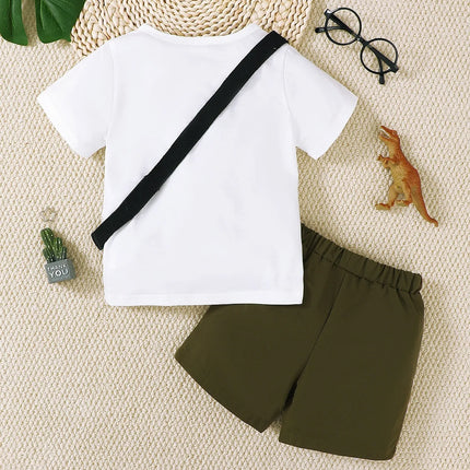 Children's Dinosaur Round Neck Top and Pants Set with Crossbody Bag