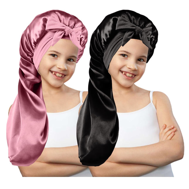 2 Pcs Long Kids Bonnets for GirlsSilky Satin Bonnet for Sleeping Kids Bonnet for Kids BraidsLong Hair