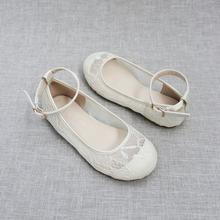 Ivory New Lace Ballet Flats with Ankle Strap