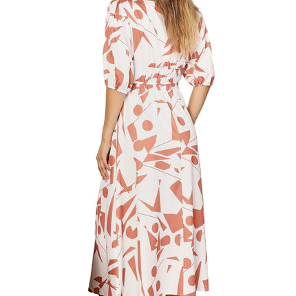 Women's Casual Midi Dress Printed Balloon Sleeve Wrap Dress Rust and White Short-Sleeve Fit