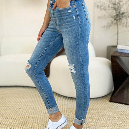 Judy Blue Full Size Mid Rise Destroy & Cuff Skinny Women Jeans