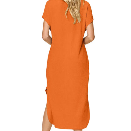 Garden Naked Women's Casual Dress Loose-Fit Round Neck Short Sleeve Slit Solid Color Midi Dress Blue Textured