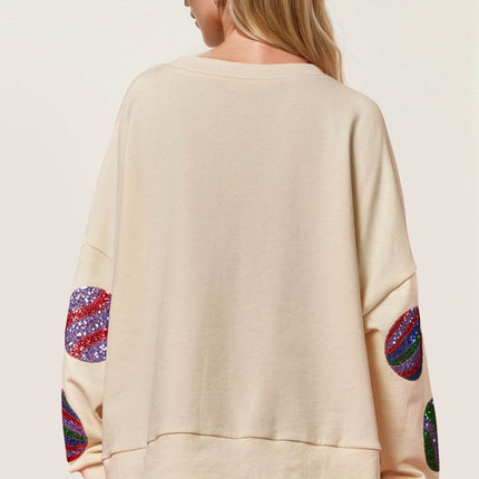 Double Take Christmas Element Sequin Round Neck Long Sleeve Women Sweatshirt