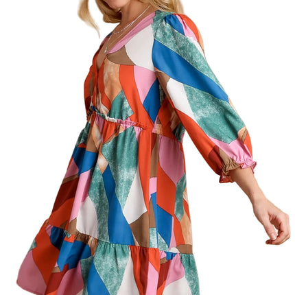 Abstract V-Neck Tiered Printed Dress