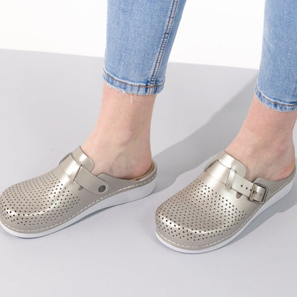 Nora IV by LEON– Women’s Leather Clogs- Adjustable Buckle with Removable Gel-Insole