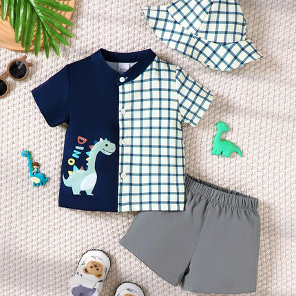 Children's Hat Dinosaur Plaid Button Up Top and Shorts 3-Piece Set