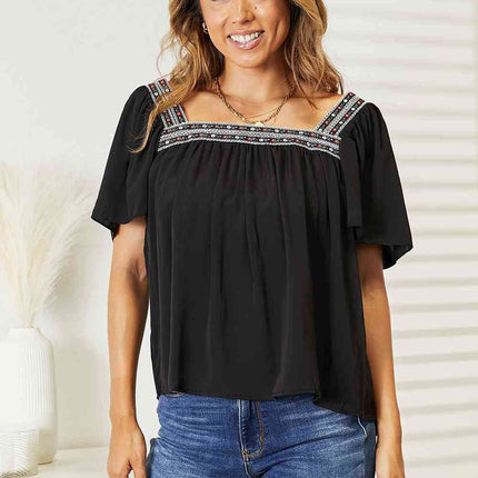 Double Take Contrast Square Neck Puff Sleeve Women Blouse