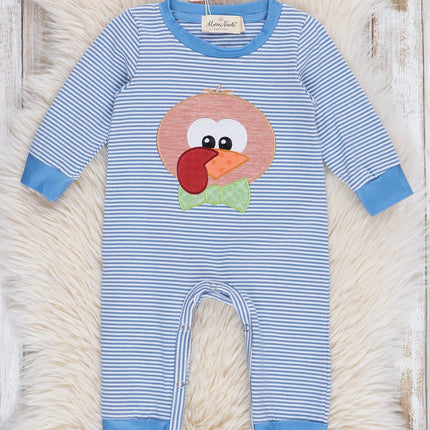 Blue Stripe Embroidered Turkey Romper