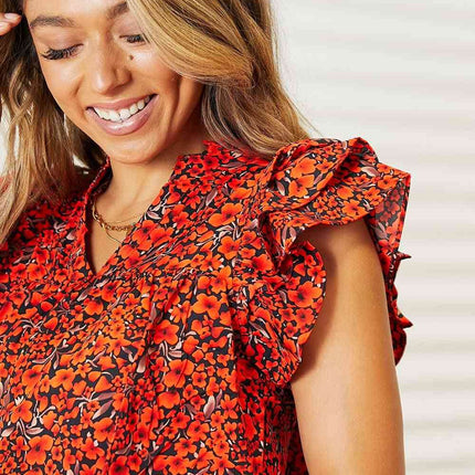 Double Take Floral Flutter Sleeve Notched Neck Women Blouse