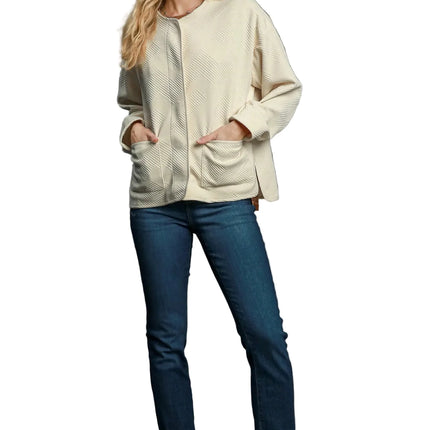 Garden Naked Womens Casual Bomber Jacket Quilted Diamond Pattern Oversized Outerwear Round Neck Long Sleeve Cream White