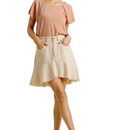 Linen Blend 5 Pockets High Low Skirt with Frayed Hem