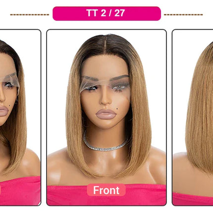 180% Density Dark Root Ginger Ombre Straight Bob Wig | Transparent T-Part Lace Front Human Hair
