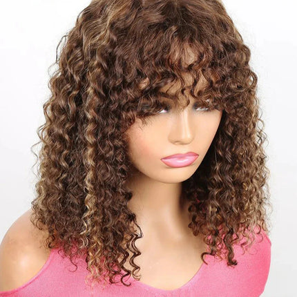 180% Density Jerry Curly Pixie Bob Wig with Bangs | Highlight 1B/P1B/30 Remy Human Hair