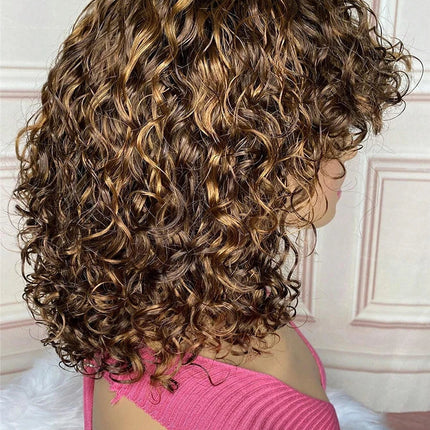 Ombre Honey Blonde Jerry Curly Pixie Bob Wig | Remy Human Hair with Bangs