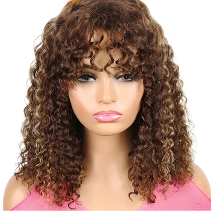 180% Density Jerry Curly Pixie Bob Wig with Bangs | Highlight 1B/P1B/30 Remy Human Hair