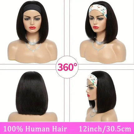 Straight Bob Headband Wig | 100% Brazilian Remy Human Hair Short Machine Made Bob Wigs for Women (All Colors)