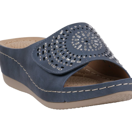 Women's Adrina Embellished Velcro Navy Wedge Sandals