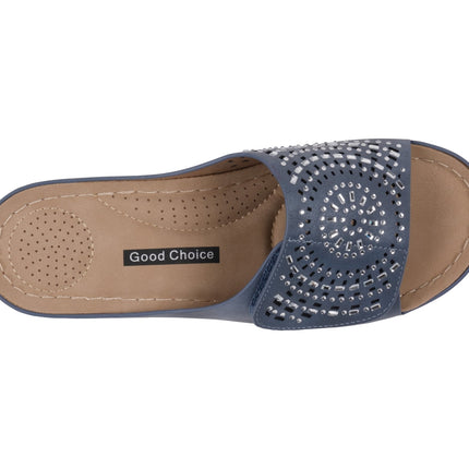 Women's Adrina Embellished Velcro Navy Wedge Sandals