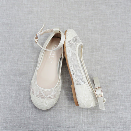 Ivory New Lace Ballet Flats with Ankle Strap
