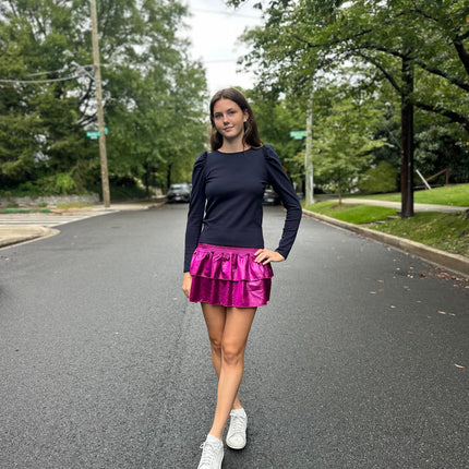AA Fuchsia Metallic Smocked Ruffle Mini Skirt