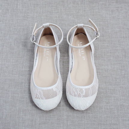White New Lace Ballet Flats with Ankle Strap