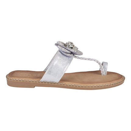 Women's Blossom Silver Embellished Flower Toe Ring Flat Sandals