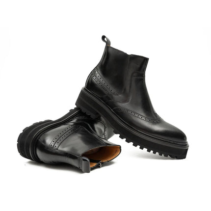 Black Brogue Leather Chelsea Boots