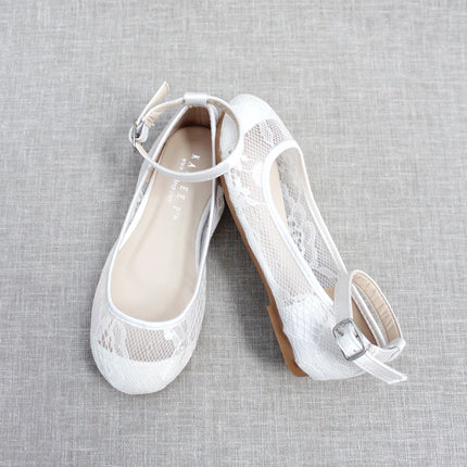 White New Lace Ballet Flats with Ankle Strap
