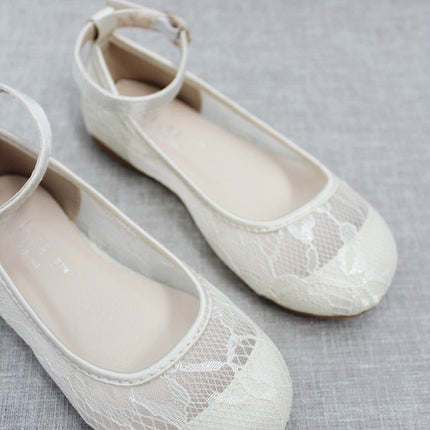 Ivory New Lace Ballet Flats with Ankle Strap
