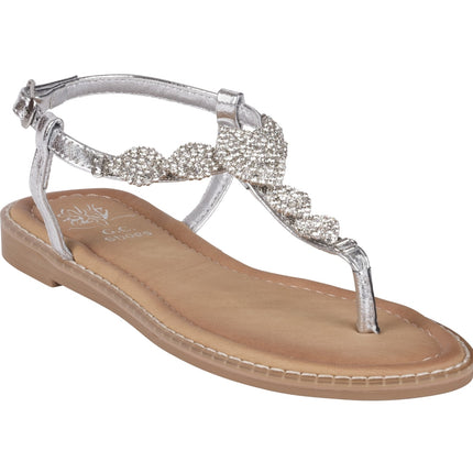 Cali Silver Jeweled T-Strap Slingback Flat Sandals