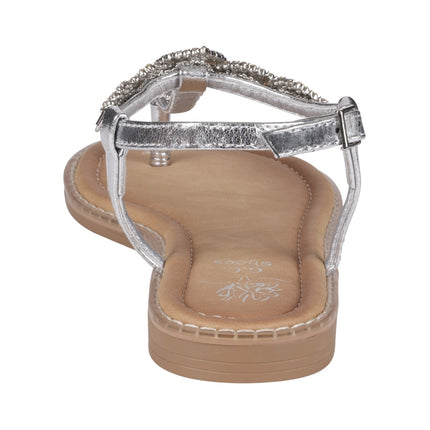 Cali Silver Jeweled T-Strap Slingback Flat Sandals